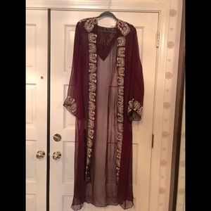 Ladies silk chiffon long wine open jacket with embroidery and hood, size Medium